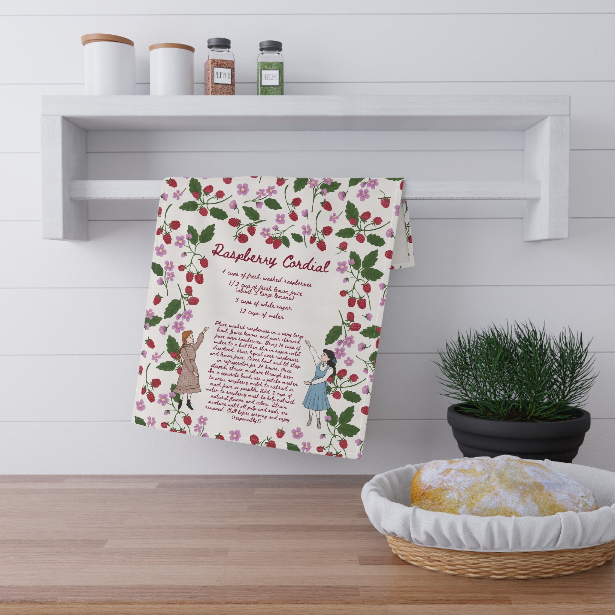 Raspberry Cordial Recipe Tea Towel - White