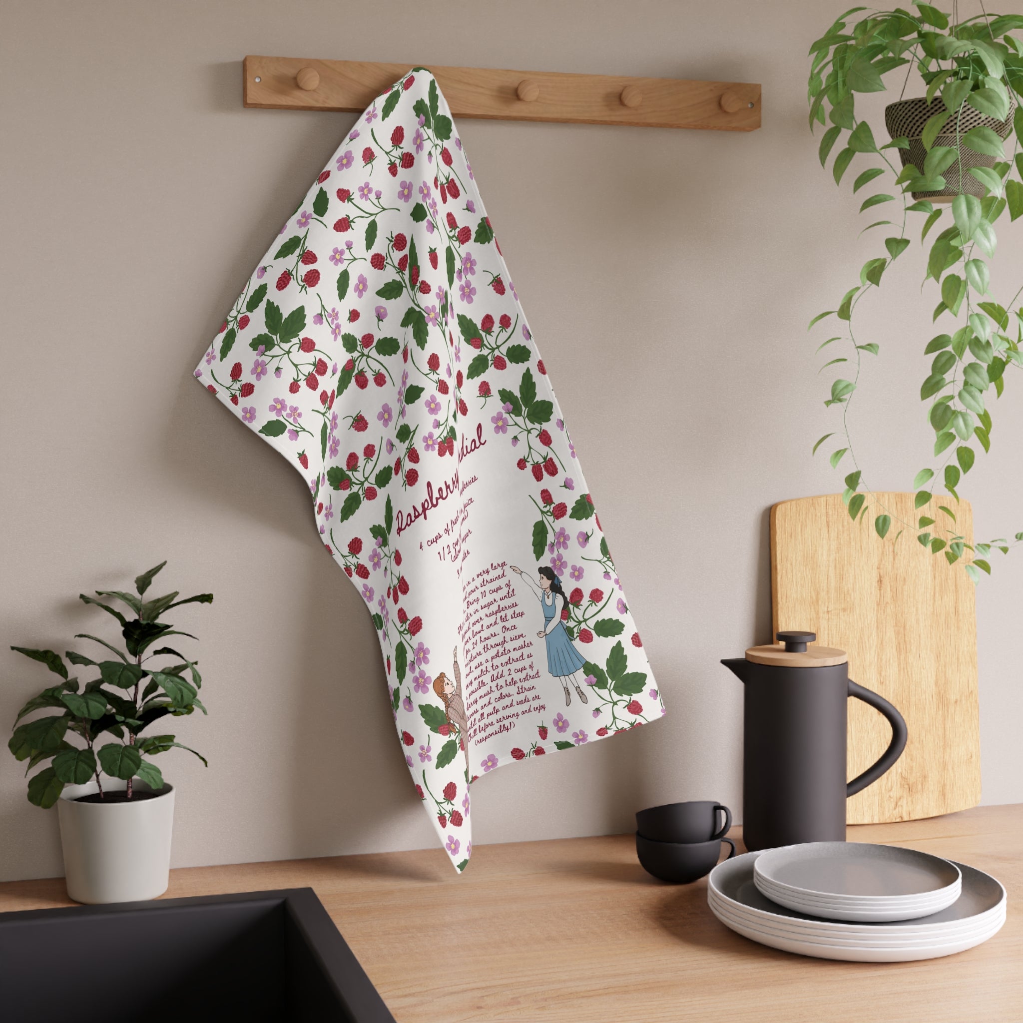 Raspberry Cordial Recipe Tea Towel - White