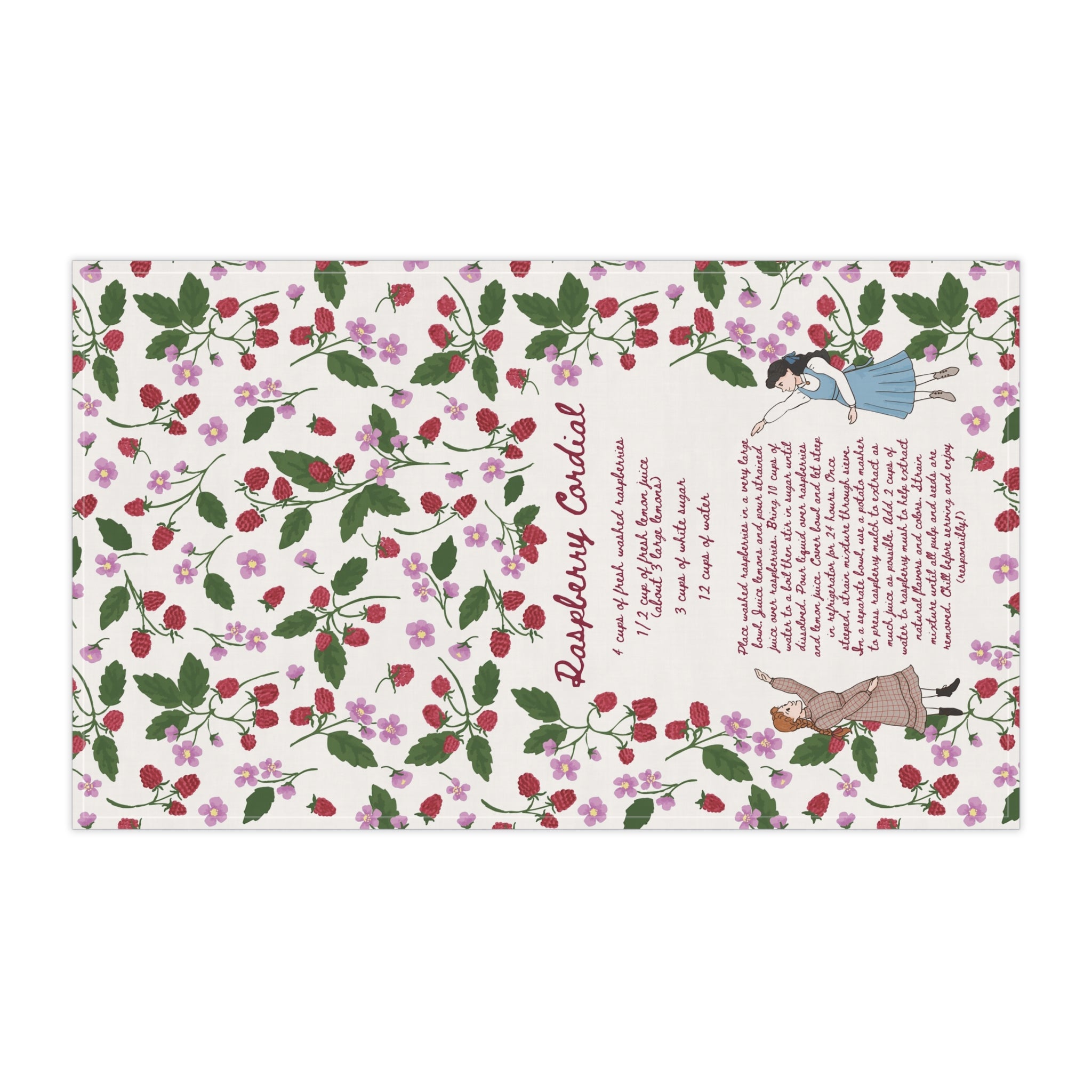 Raspberry Cordial Recipe Tea Towel - White