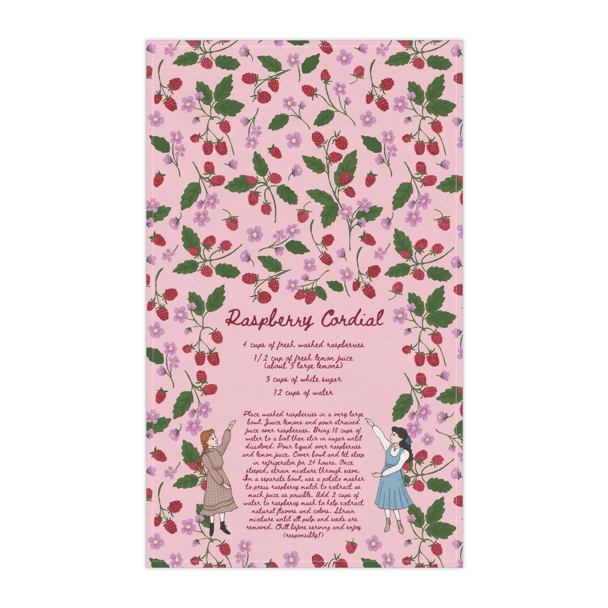 Raspberry Cordial Recipe Tea Towel - Pink