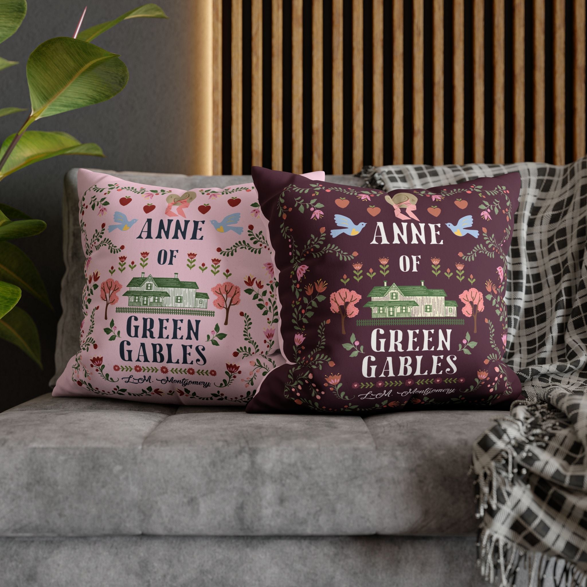 Anne of Green Gables Folk Art Duo-tone Throw Pillow - Wine/Pink