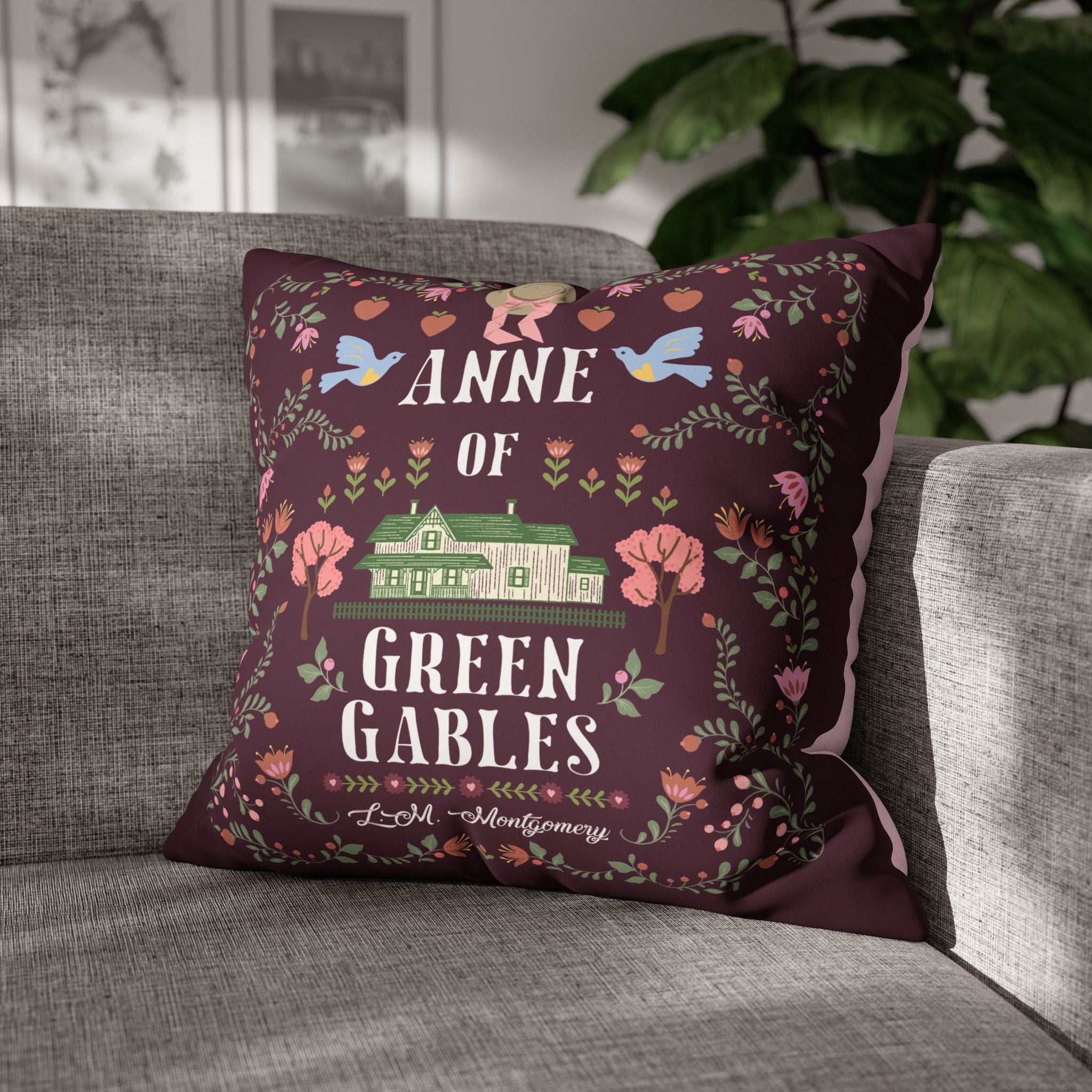 Anne of Green Gables Folk Art Duo-tone Throw Pillow - Wine/Pink