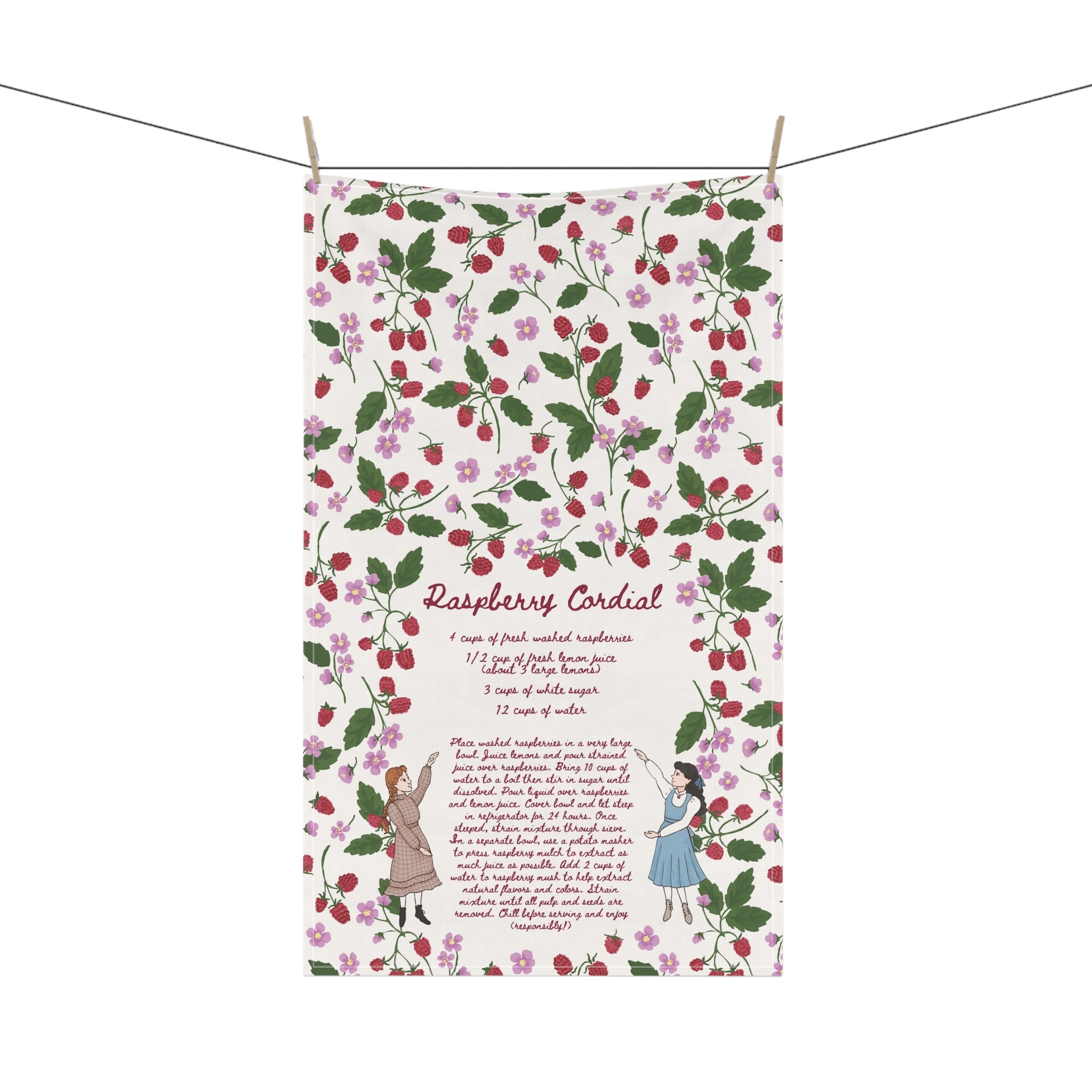 Raspberry Cordial Recipe Tea Towel - White
