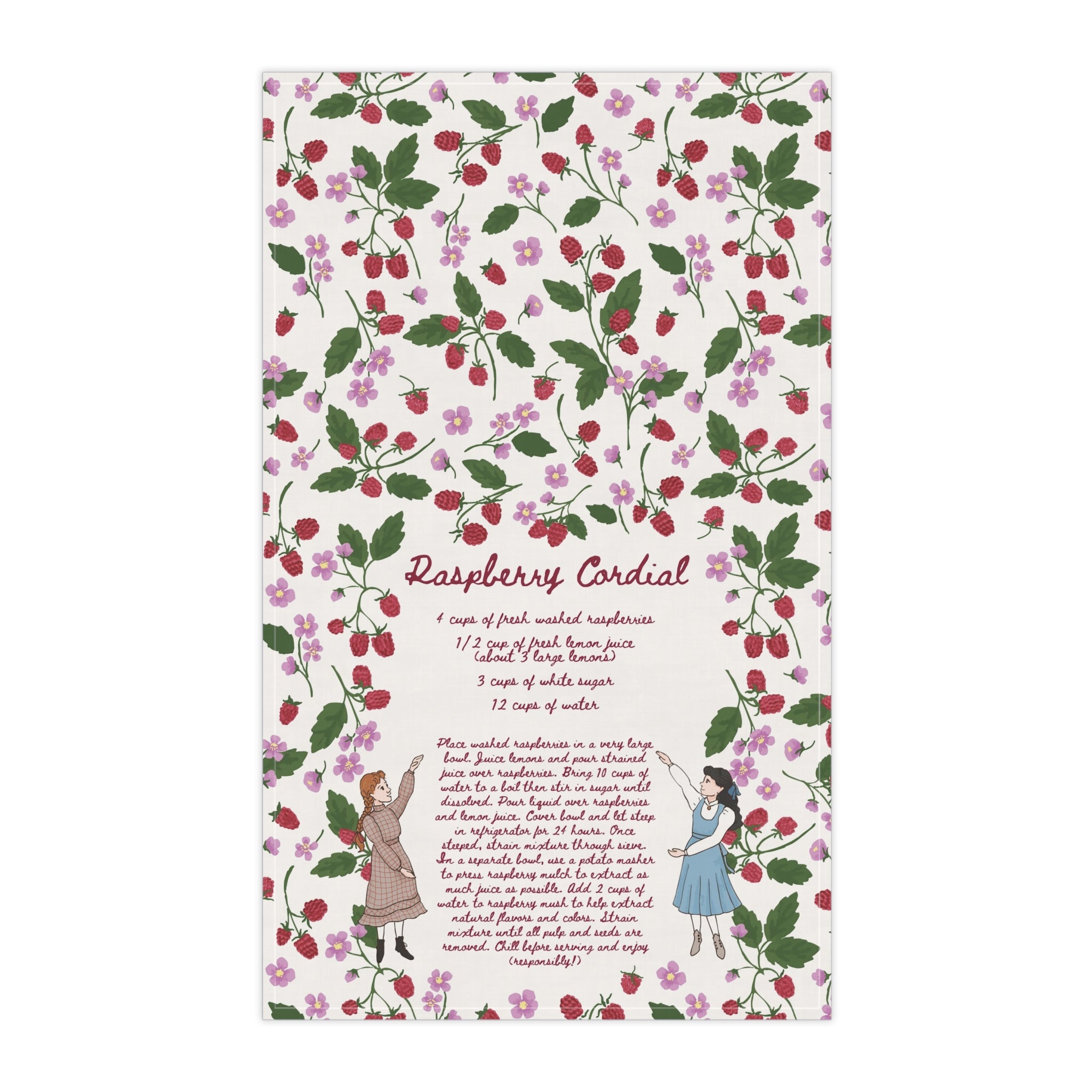 Raspberry Cordial Recipe Tea Towel - White